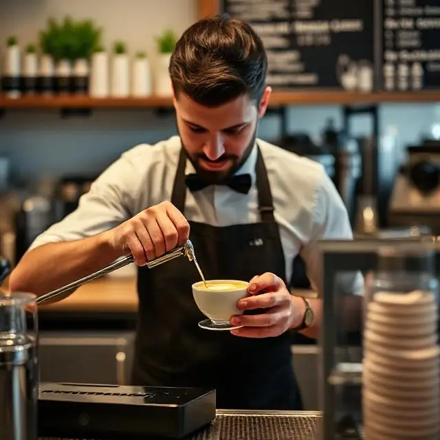 A barista skillfully preparing a latte in a professional cafe setting.