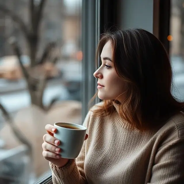 A contemplative image of a person enjoying a cup of coffee by a window.