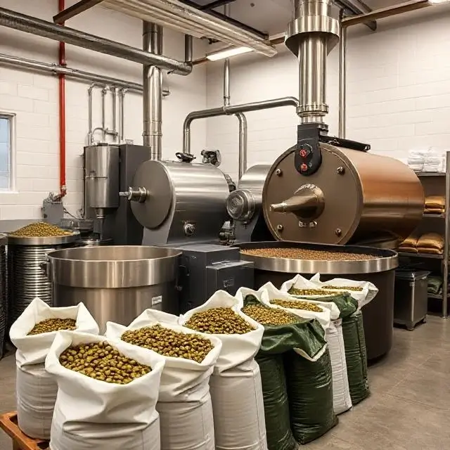 A clean, modern coffee roastery with a large roasting machine and bags of green coffee beans.