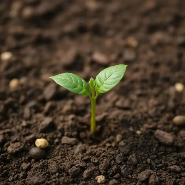 A hand holding a coffee seedling, representing growth and sustainability.