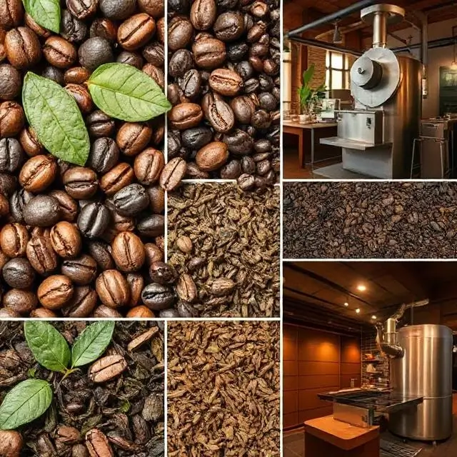 A collage of coffee beans, tea leaves, and our roastery.